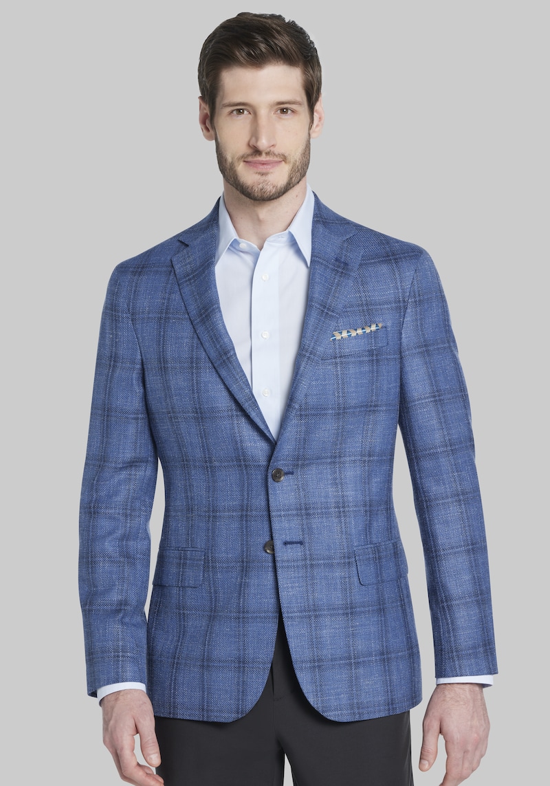 Men's Reserve Collection Tailored Fit Windowpane Sportcoat , Blue, 48 Long