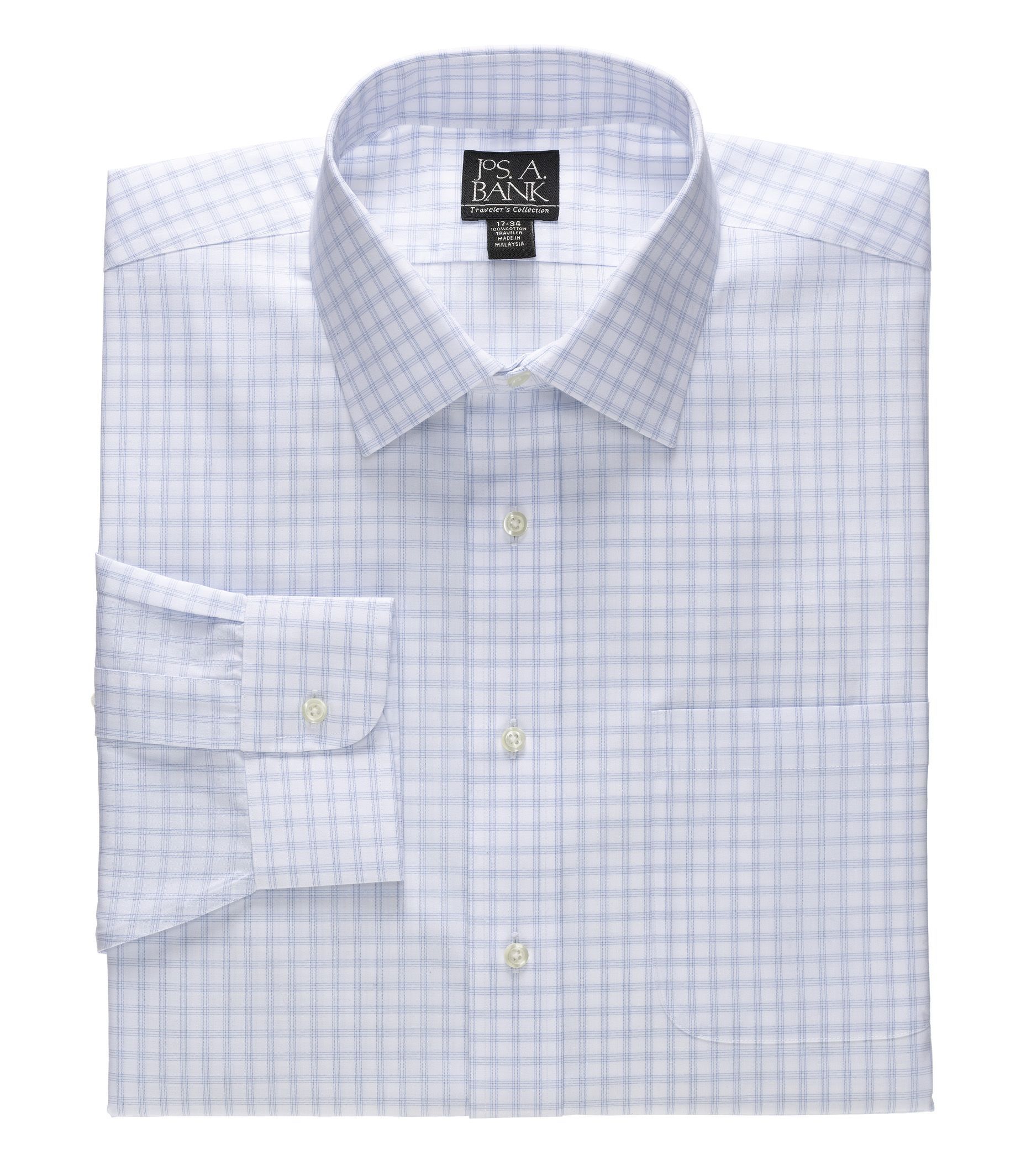 Image of JoS. A. Bank Men's Traveler Collection Tailored Fit Spread Collar Grid Dress Shirt - Big & Tall, Light Blue, 20-36