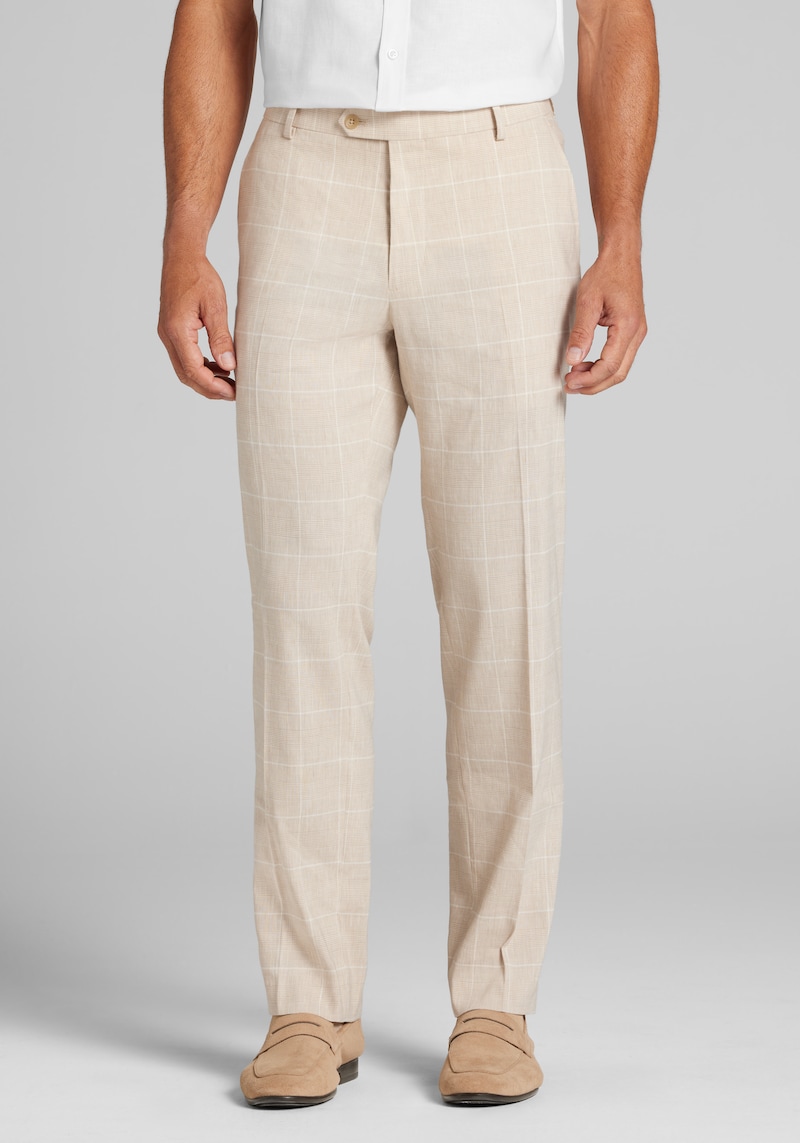 Men's Jos. A. Bank Tailored Fit Plaid Comfort Stretch Linen Suit Pants at Jos. A. Bank, Tan, Size 34x30