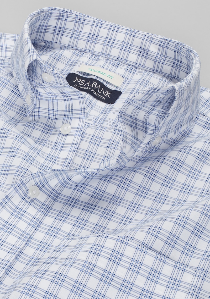 Men's Jos. A. Bank Tailored Fit Plaid Comfort Stretch Dress Shirt at Jos. A. Bank, Blue/Navy, Size 16 X 32/33