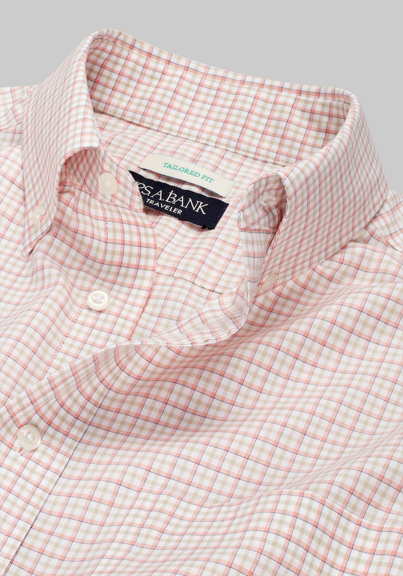 Men's Traveler Collection Tailored Fit Button-Down Collar Plaid Dress Shirt at Jos. A. Bank, Light Orange, Size 17 1/2 X 34/35