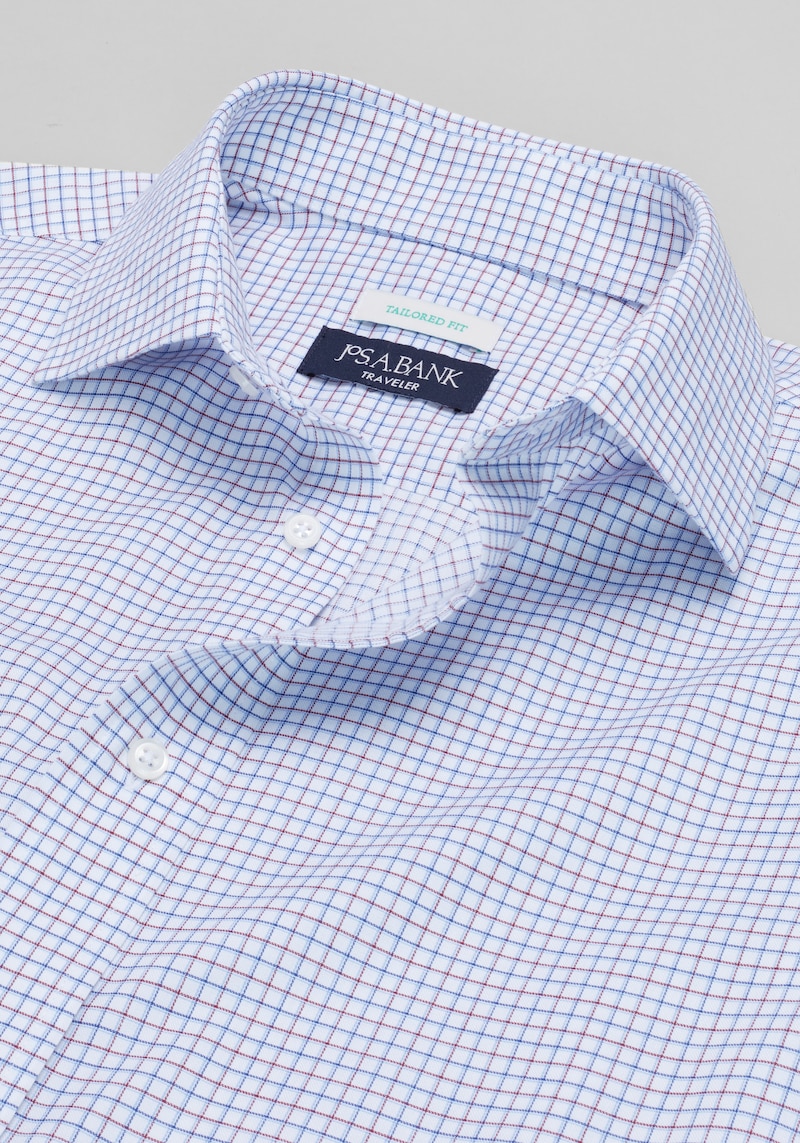 Men's Traveler Collection Tailored Fit Spread Collar Grid Dress Shirt at Jos. A. Bank, Blue/Red, Size 17 1/2 X 34/35