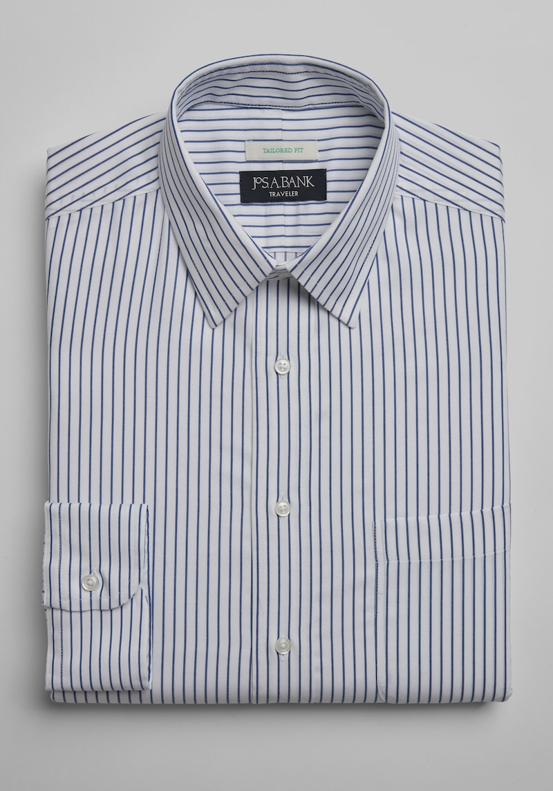 JoS. A. Bank Big & Tall Men's Traveler Collection Tailored Fit Stripe Dress Shirt , Blue, 16 36/37