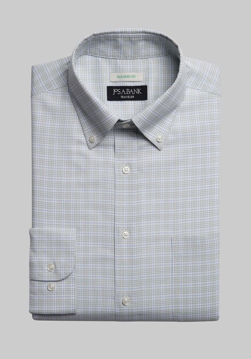 Men's Traveler Collection Tailored Fit Button-down Collar Mini Grid Dress Shirt, Light Green, 14 1 /2 X 32/33