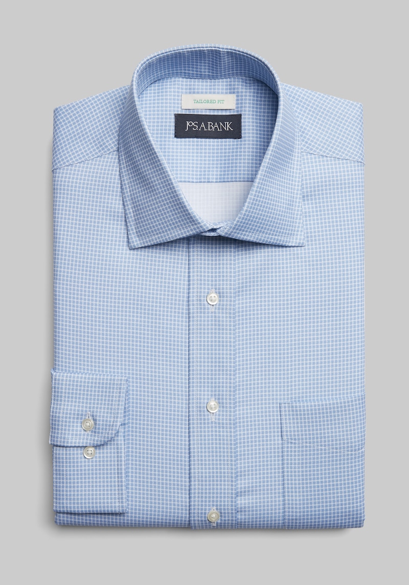 Men's Tailored Fit Check Spread Collar Print Dress Shirt, Blue, 16 1/2 X 32/33