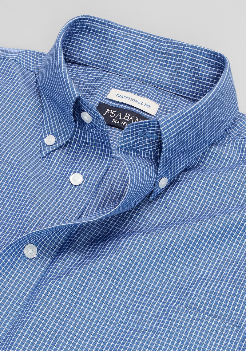 Men's Traveler Collection Traditional Fit Button-Down Collar Mini Check Dress Shirt at Jos. A. Bank, Blue Chk, Size 16 1/2 X 32/33