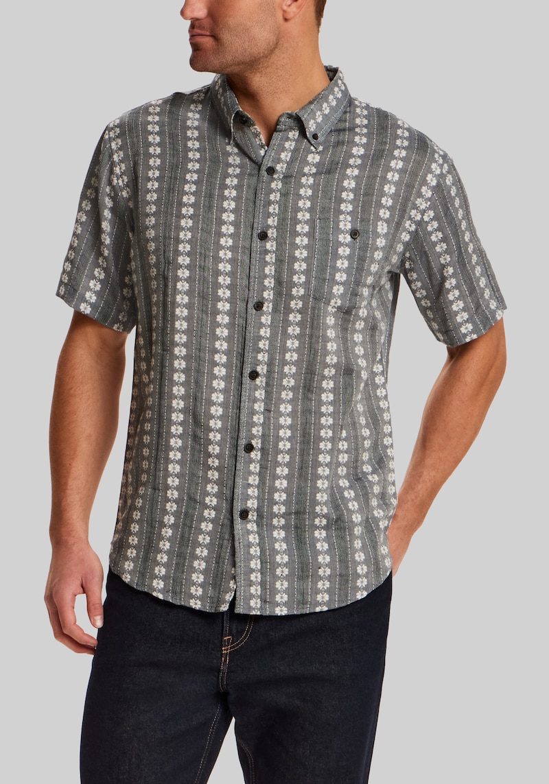Men's Vintage & Black Traditional Fit Embroidered Flower Striped Short Sleeve Shirt at Jos. A. Bank, Grey, Size Medium
