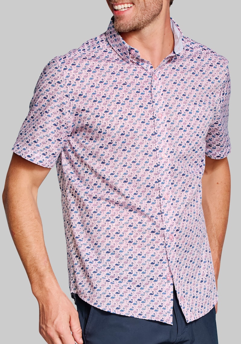 Men’s Johnston & Murphy Tailored Fit Logan Flamingo Short Sleeve Shirt at Jos. A. Bank, Pink, Size X Large