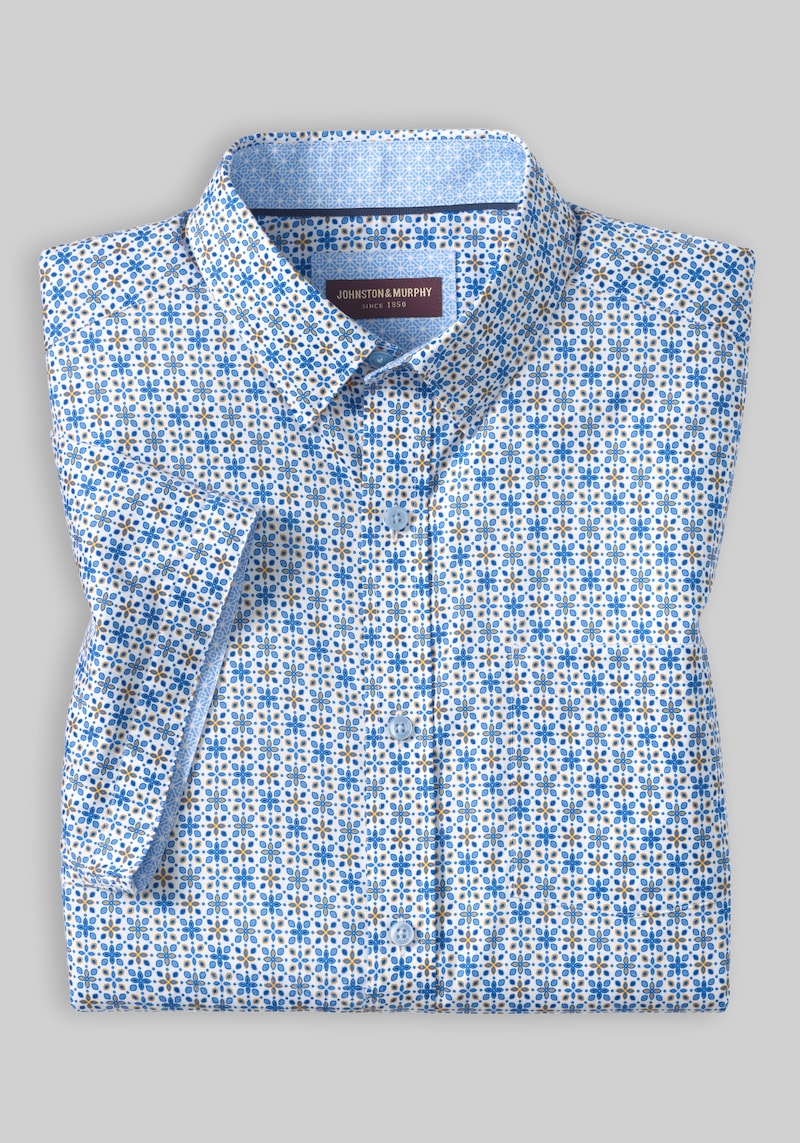Men's Johnston & Murphy Tailored Fit Logan Flamingo Short Sleeve Shirt at Jos. A. Bank, Blue, Size X Large