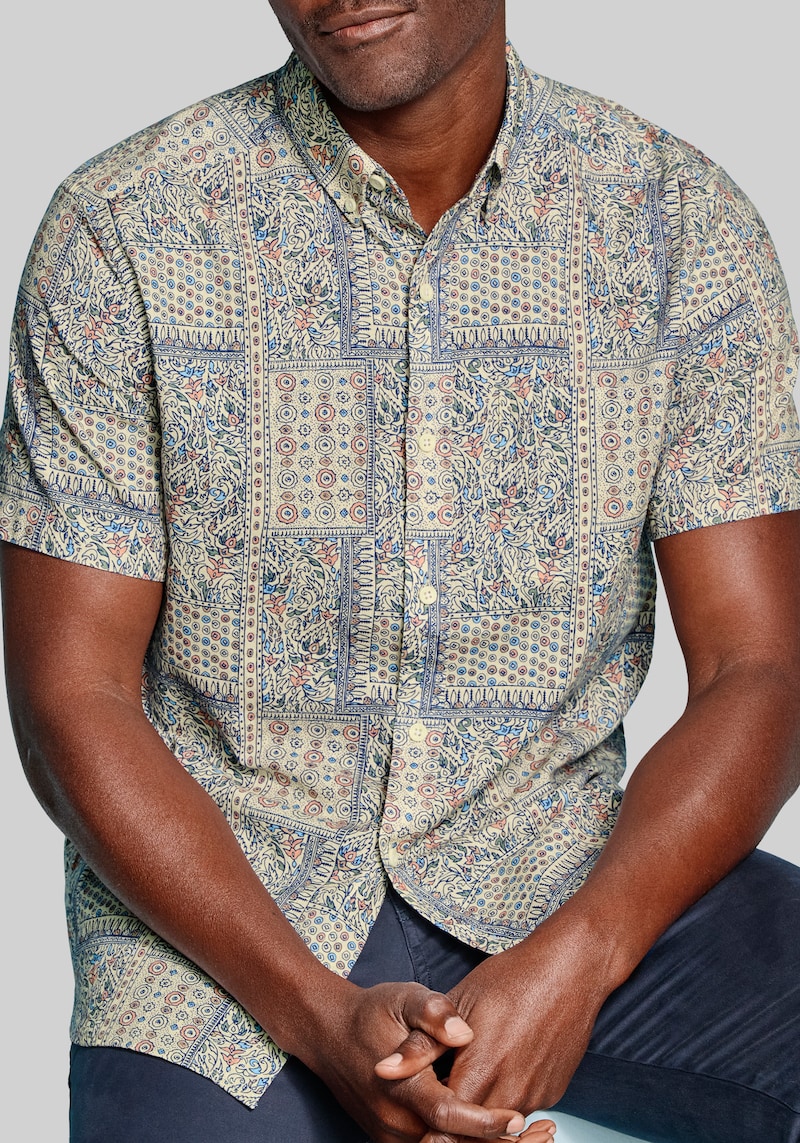 Men’s Johnston & Murphy Tailored Fit Floral Tile Short Sleeve Linen Blend Button Up Shirt at Jos. A. Bank, Cream/White, Size X Large