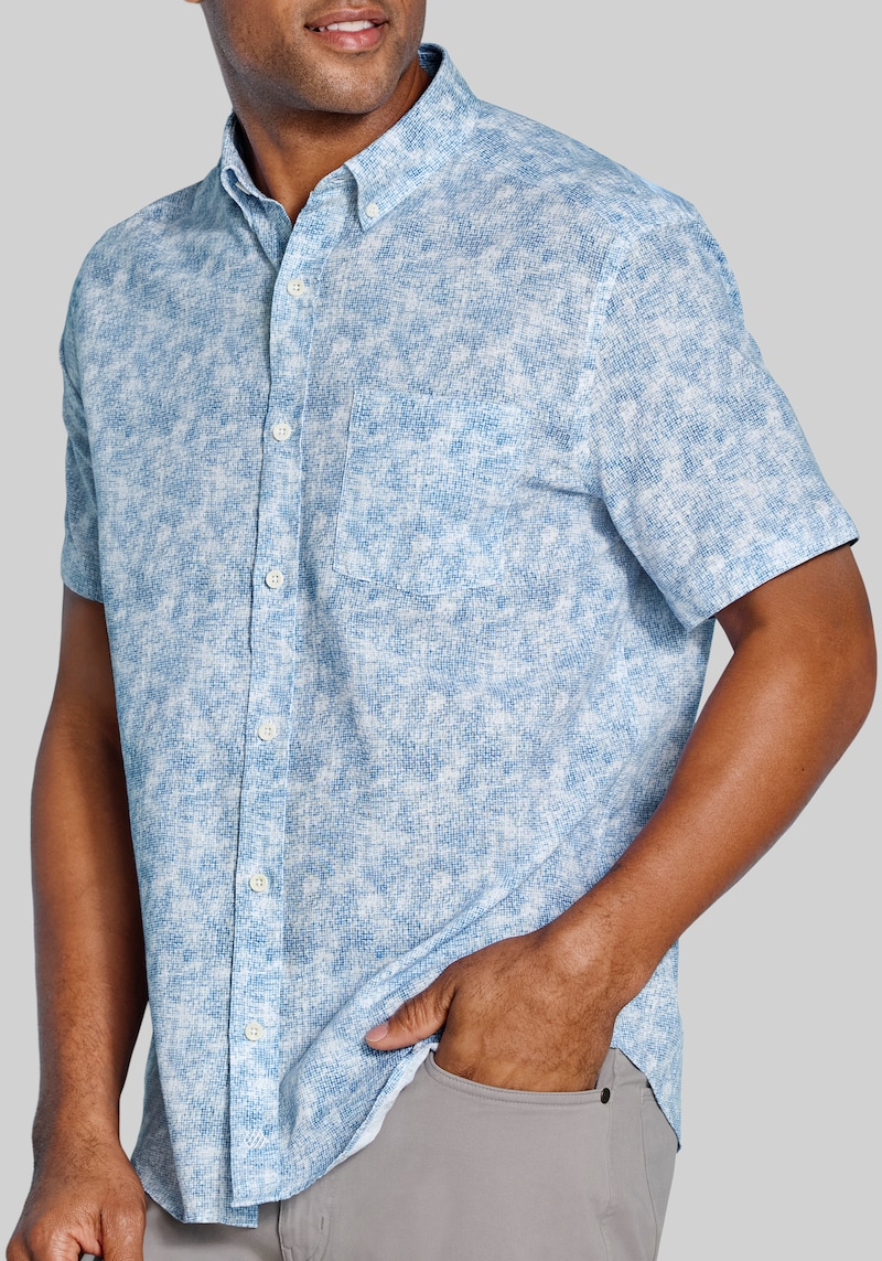 Men's Johnston & Murphy Tailored Fit Floral Tile Short Sleeve Linen Blend Button Up Shirt at Jos. A. Bank, Blue, Size XX Large