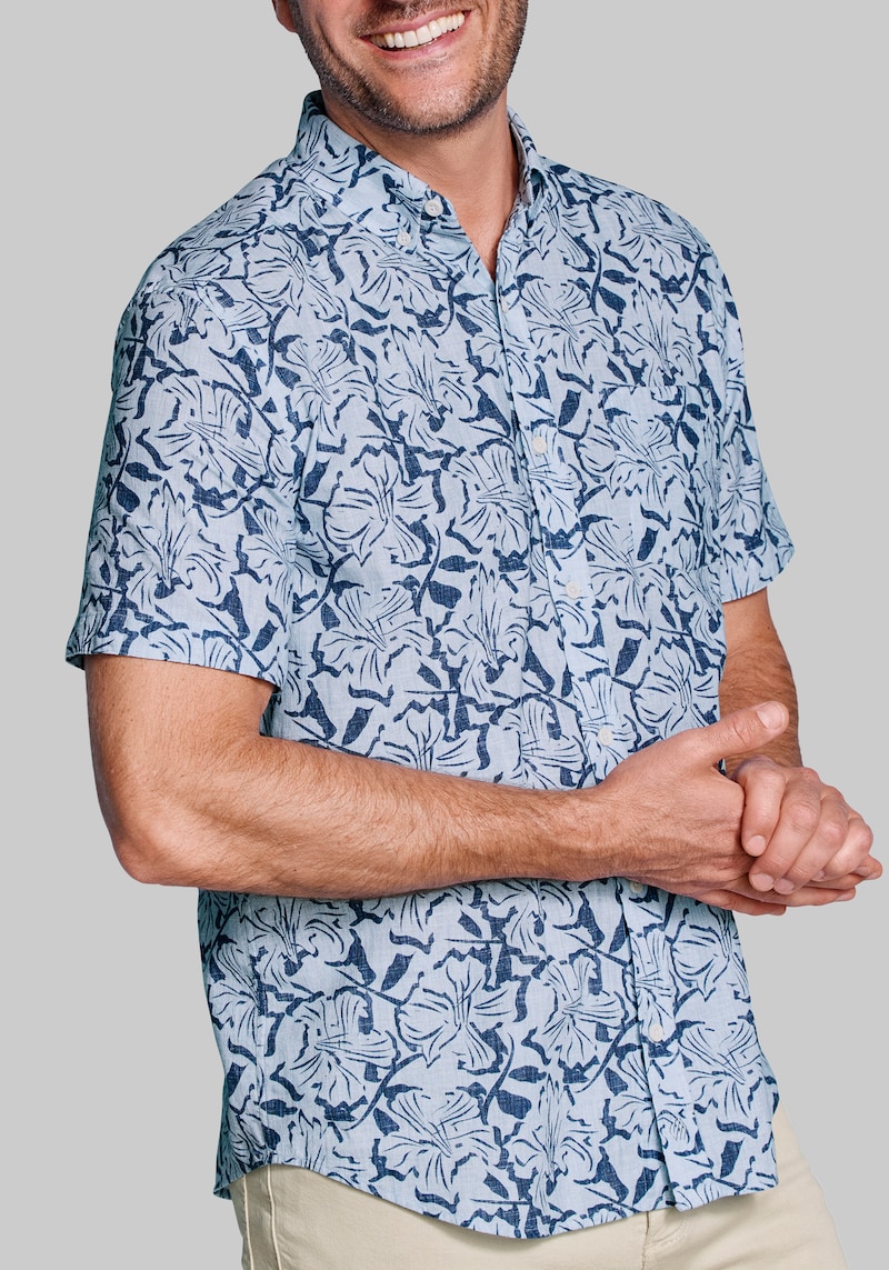Men's Johnston & Murphy Tailored Fit Floral Tile Short Sleeve Linen Blend Casual Shirt at Jos. A. Bank, Bright Blue