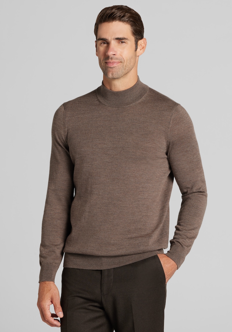 Men's Traveler Collection Tailored Fit Merino Wool Blend Mock Neck Sweater at Jos. A. Bank, Brown, Size Medium