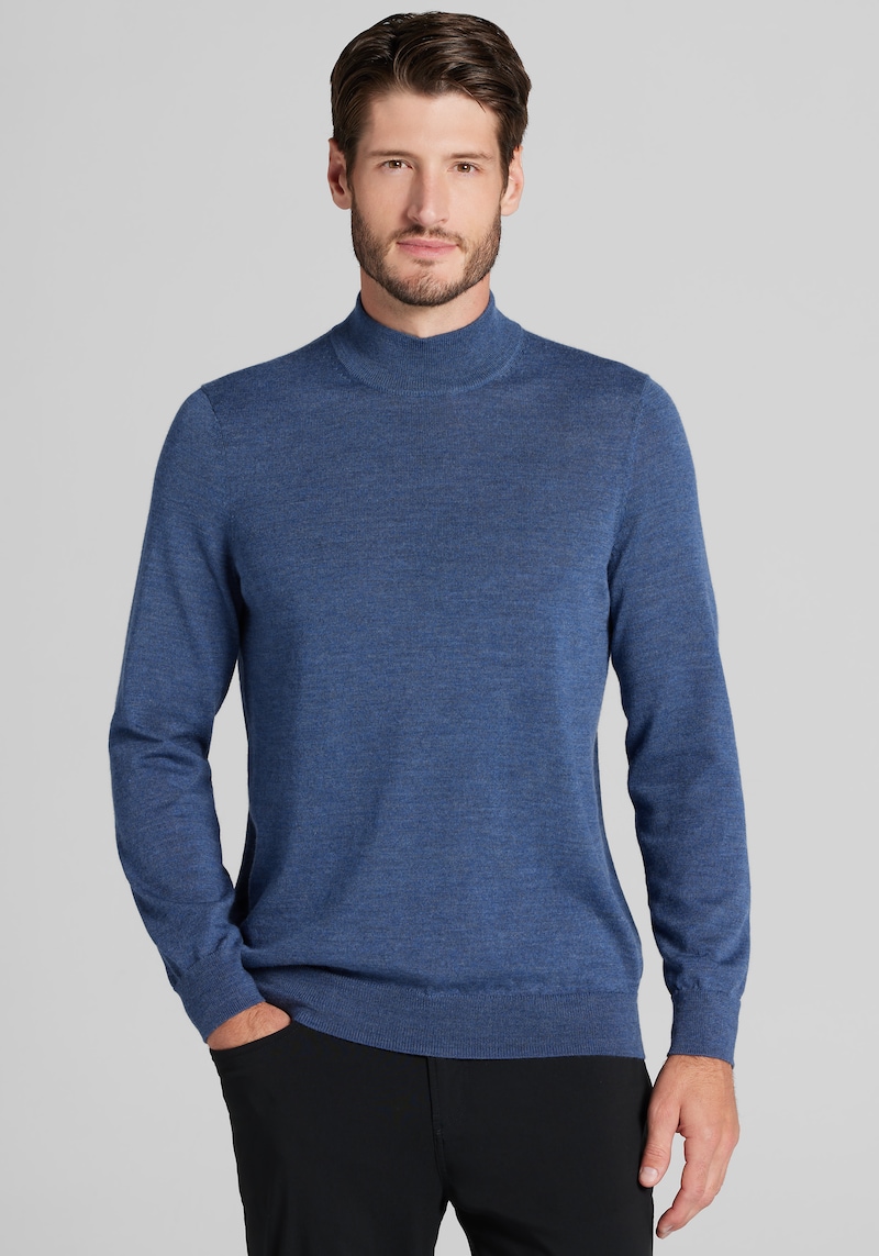 Men's Traveler Collection Tailored Fit Merino Wool Blend Mock Neck Sweater at Jos. A. Bank, Blue, Size Medium