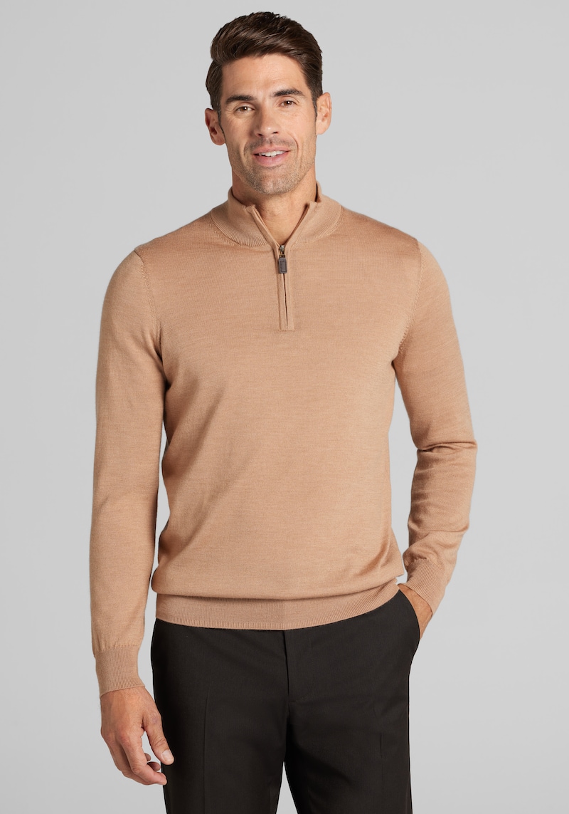 Men's Traveler Collection Tailored Fit Merino Wool Blend 1/4-Zip Sweater at Jos. A. Bank, Tan, Size Medium
