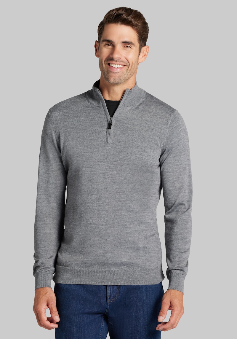 Men's Traveler Collection Tailored Fit Merino Wool Blend 1/4-Zip Sweater at Jos. A. Bank, Grey, Size X Large