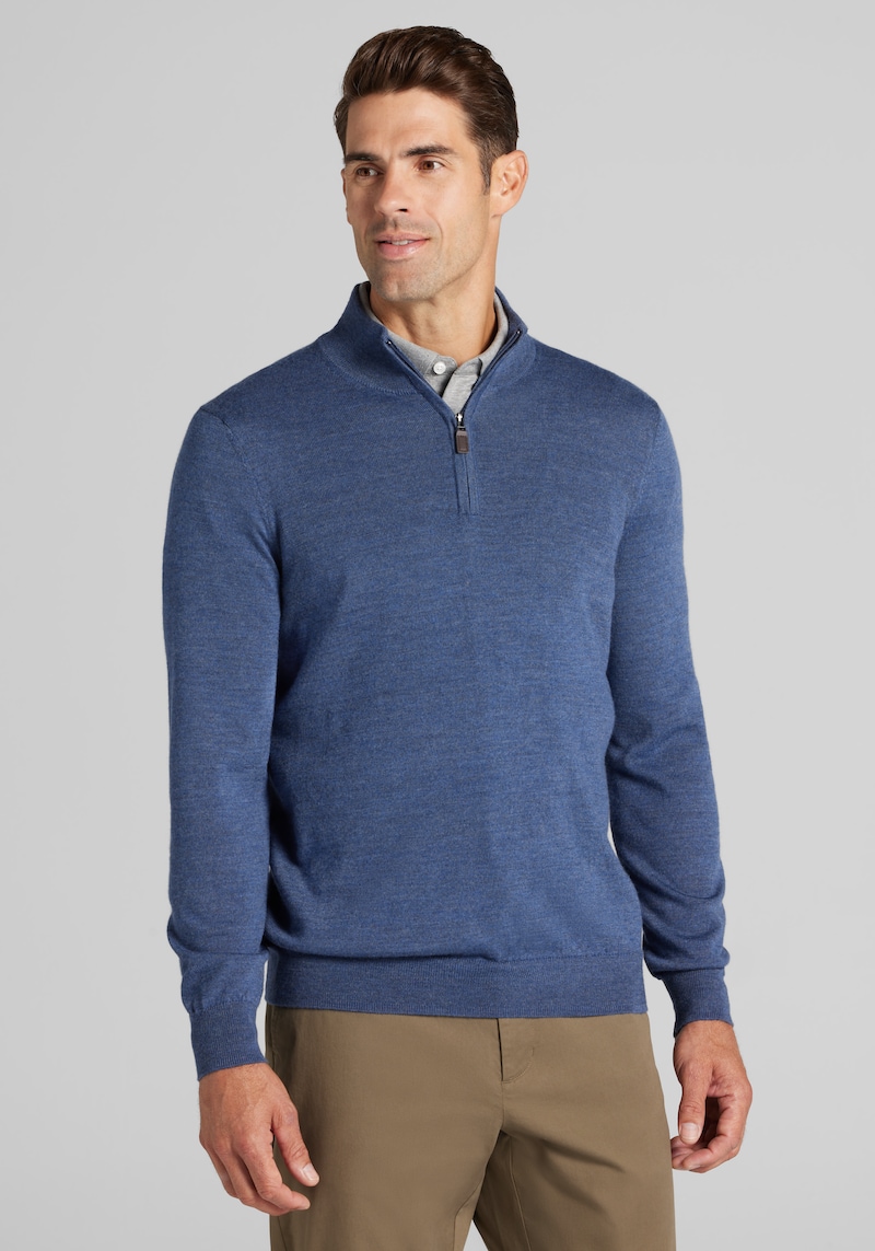 Men's Traveler Collection Tailored Fit Merino Blend 1/4 Zip Sweater at Jos. A. Bank, Blue, Size Medium
