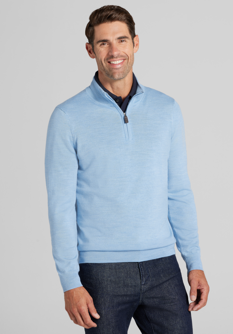 Men's Traveler Collection Tailored Fit Merino Wool Blend 1/4-Zip Sweater at Jos. A. Bank, Light Blue, Size Large