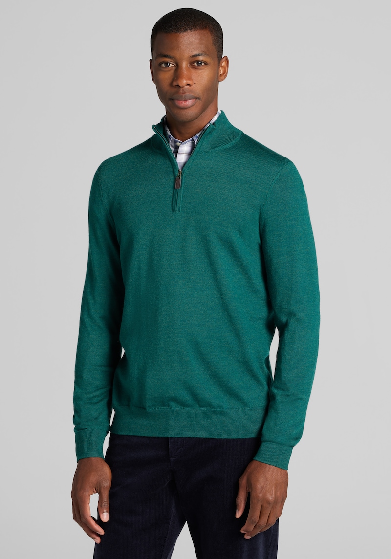 Men's Traveler Collection Tailored Fit Merino Wool 1/4-Zip Sweater at Jos. A. Bank, Dark Green, Size Large