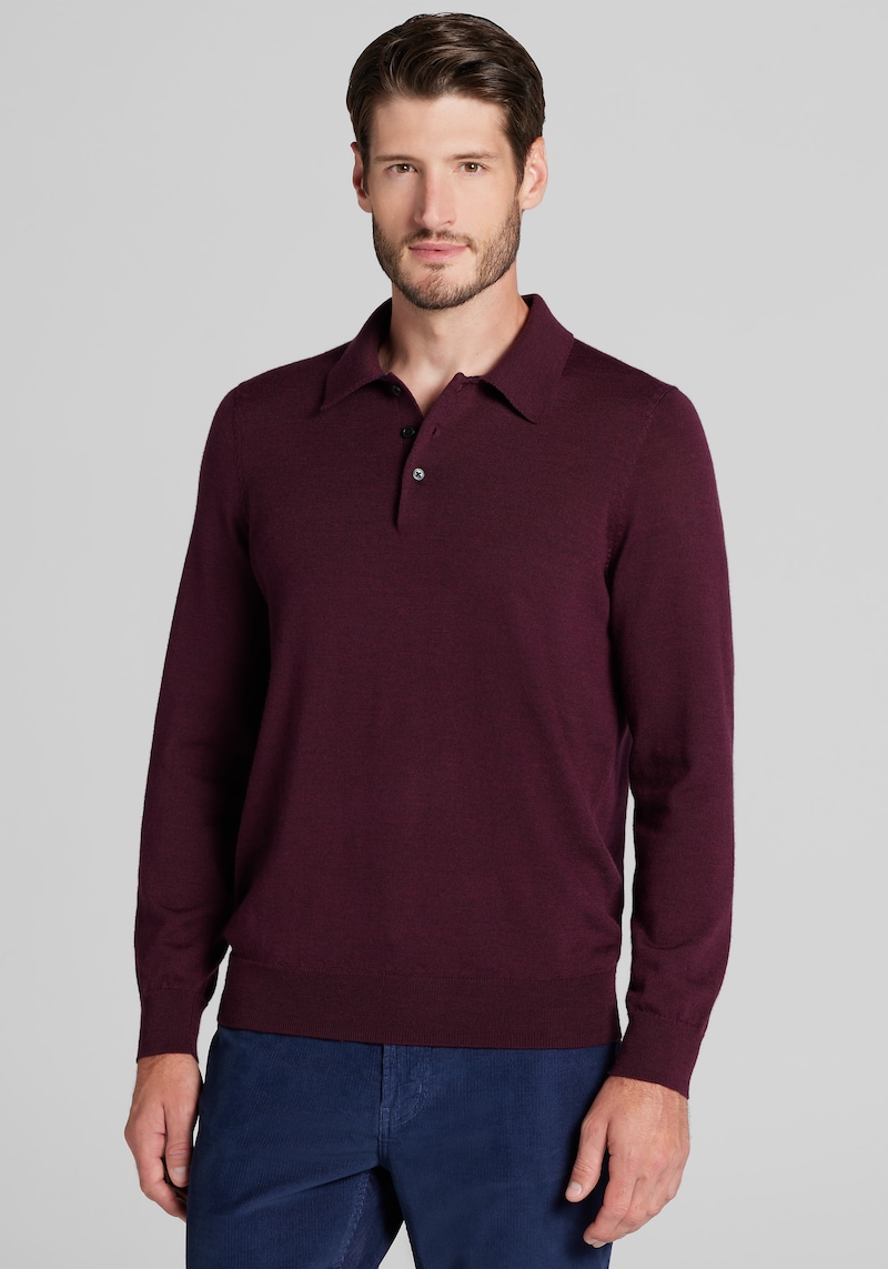 Men's Big & Tall Traveler Collection Tailored Fit Merino Wool Blend Polo Sweater at Jos. A. Bank, Berry/Burgundy, Size XLARGE TALL - Shirts