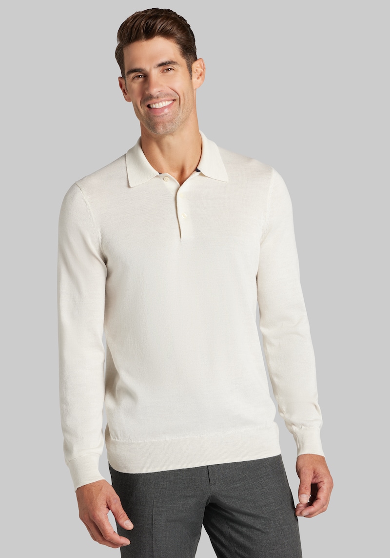 Men's Big & Tall Traveler Collection Tailored Fit Merino Blend Polo Sweater at Jos. A. Bank, Cream/Ivory/White, Size XLARGE TALL - Shirts