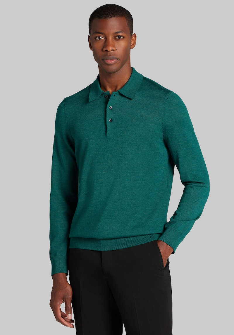 Men's Traveler Collection Tailored Fit Merino Wool Blend Polo Sweater at Jos. A. Bank, Green, Size X Large - Shirts