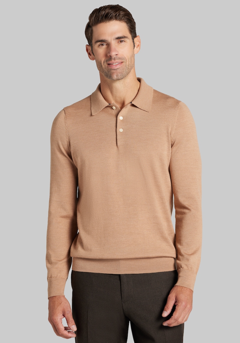 Men's Big & Tall Traveler Collection Tailored Fit Merino Wool Blend Long Sleeve Polo Sweater at Jos. A. Bank, Tan, Size 2 X Big - Shirts