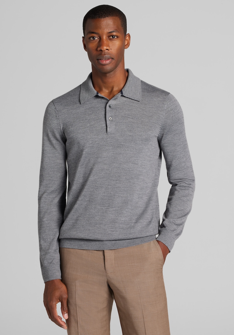 Men's Big & Tall Traveler Collection Tailored Fit Merino Wool Long-Sleeve Polo Sweater at Jos. A. Bank, Grey, Size 3 X Big - Shirts