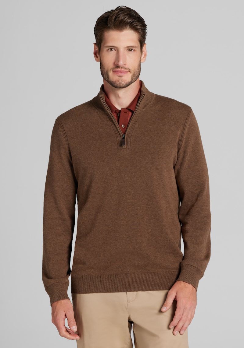 Men's Big & Tall Jos. A. Bank Tailored Fit Pima Cotton 1/4-Zip Sweater at Jos. A. Bank, Brown, Size XLARGE TALL