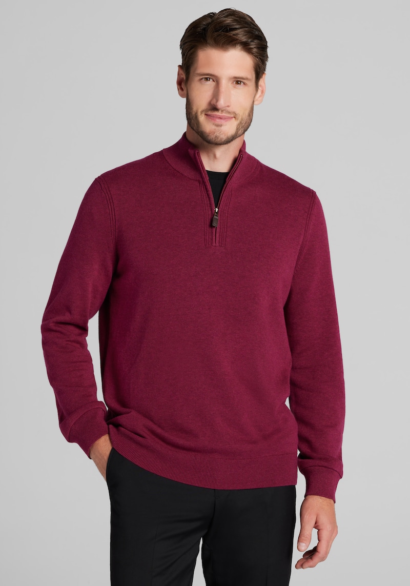 Men's Jos. A. Bank Tailored Fit 1/4 Zip Pima Cotton Sweater at Jos. A. Bank, Berry/Burgundy, Size Large