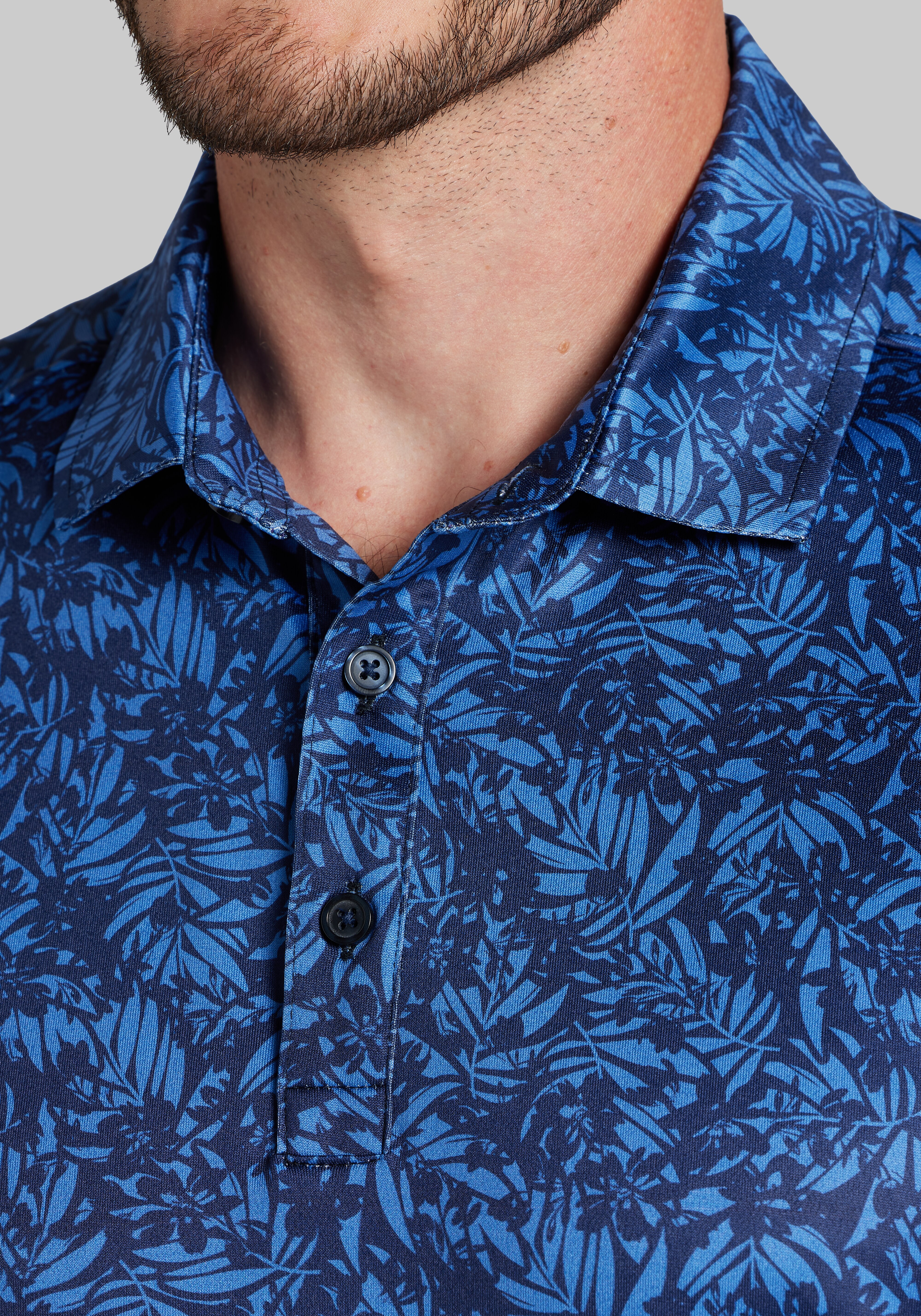 Traveler® Collection Tailored Fit Tonal Palm Pattern Polo , Blue- Shirts