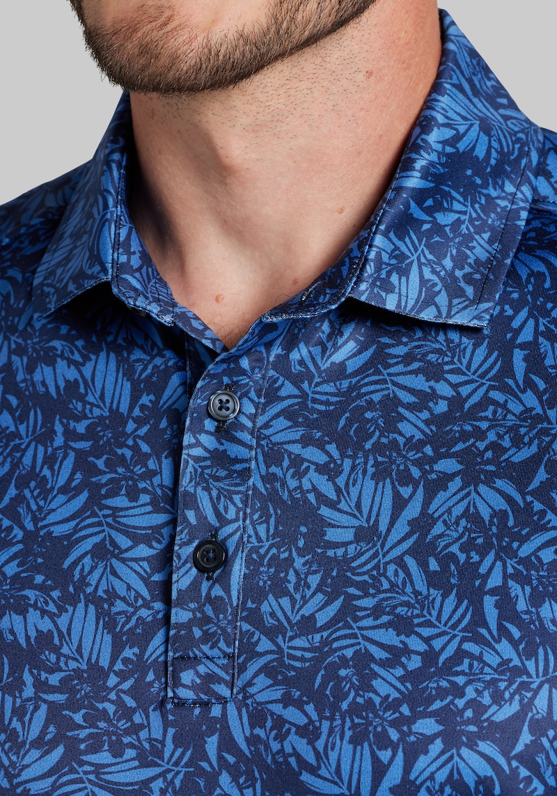 Men's Big & Tall Traveler Collection Tailored Fit Tonal Palm Pattern Polo at Jos. A. Bank, Blue, Size XLARGE TALL - Shirts