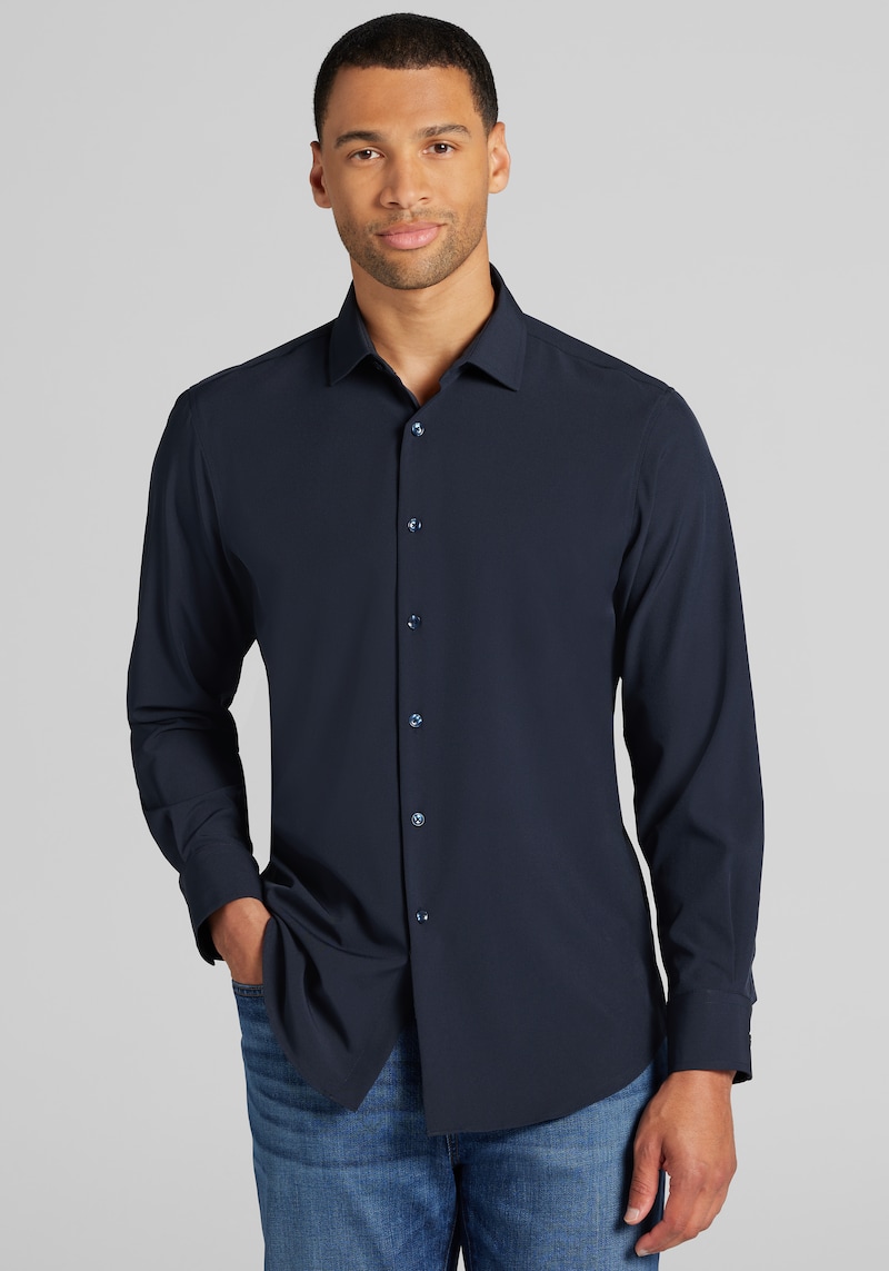 Men's Traveler? Collection COOLMOTION Tailored Fit 4-Way Stretch Button Up Shirt at Jos. A. Bank, Blue/Dark Navy, Size Medium