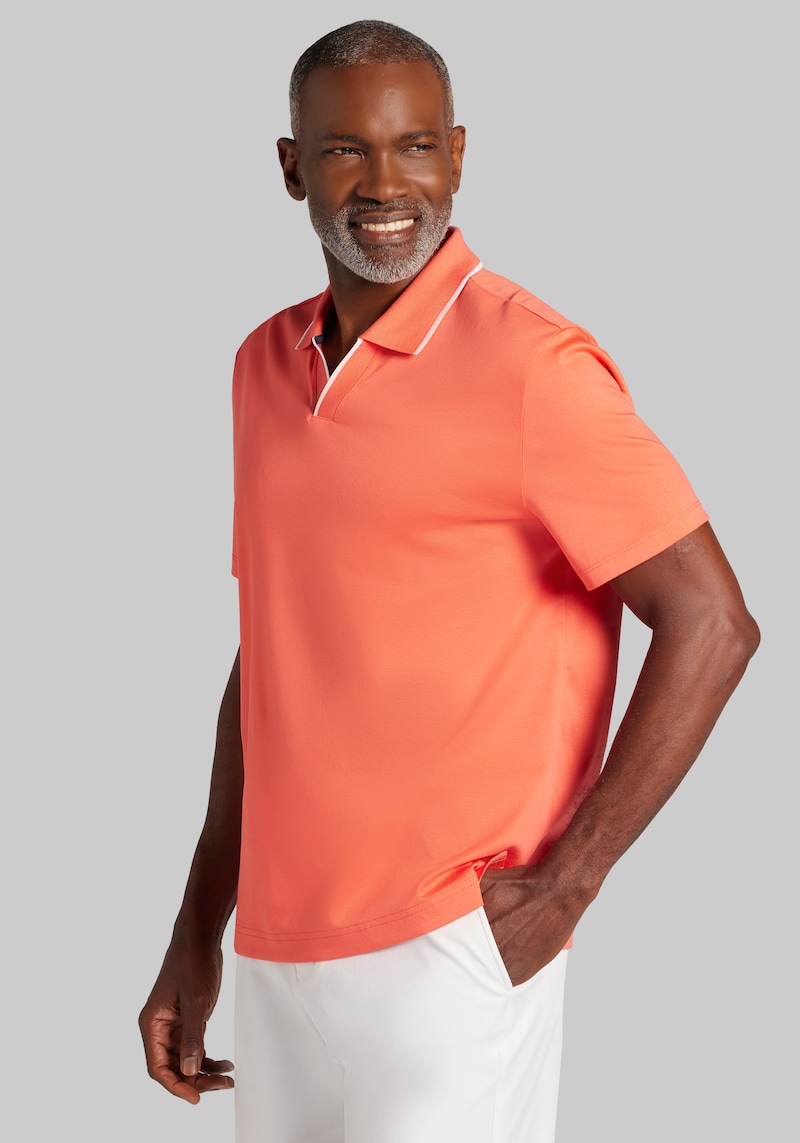 Men's Big & Tall Jos. A. Bank Tailored Fit Short Sleeve Liquid Cotton Interlock Johnny Polo at Jos. A. Bank, Deep Sea Coral/Multi, Size 3 X Big -