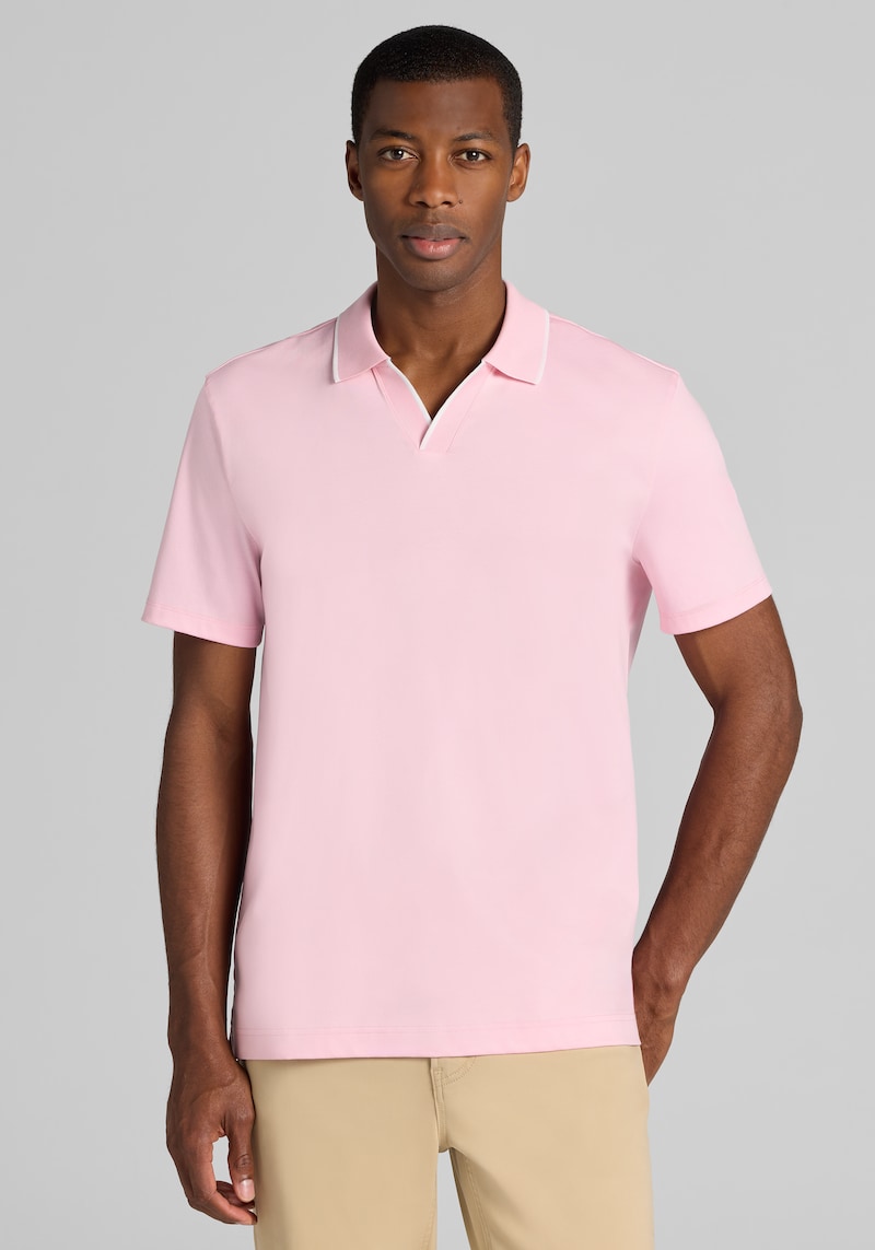 Men's Jos. A. Bank Tailored Fit Short Sleeve Liquid Cotton Interlock Johnny Polo at Jos. A. Bank, Orchid Pink, Size X Large - Shirts