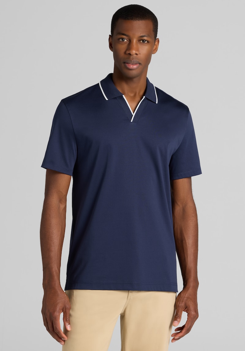 Men's Jos. A. Bank Tailored Fit Short Sleeve Liquid Cotton Interlock Johnny Polo at Jos. A. Bank, Black Iris/Blue, Size Medium - Shirts