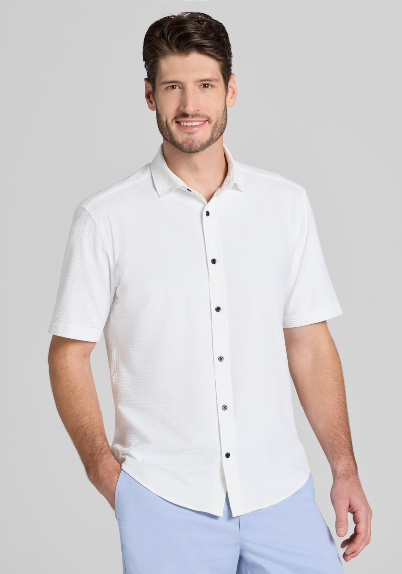 Men's Jos. A. Bank Tailored Fit Seersucker Short Sleeve Button Up Shirt at Jos. A. Bank, Cream/White, Size X Large