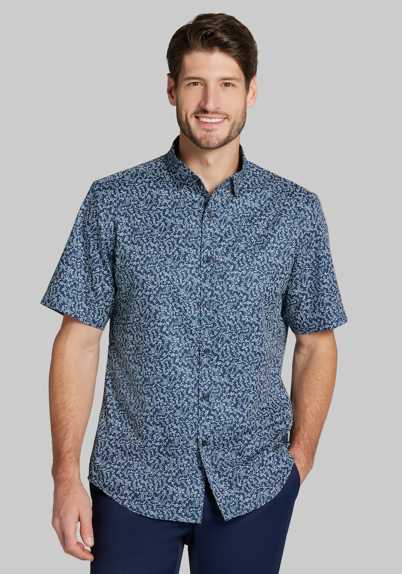 Men's Traveler® COOLMOTION Tailored Fit Grapes 4-way Stretch Short Sleeve Casual Shirt at Jos. A. Bank, Blue/Navy