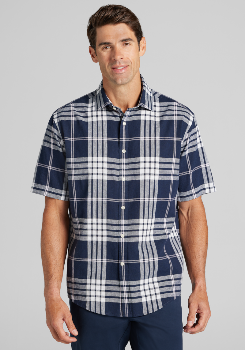 Men's Jos. A. Bank Traditional Fit Large Plaid Short Sleeve Button Up Shirt at Jos. A. Bank, Blue/Navy, Size Medium