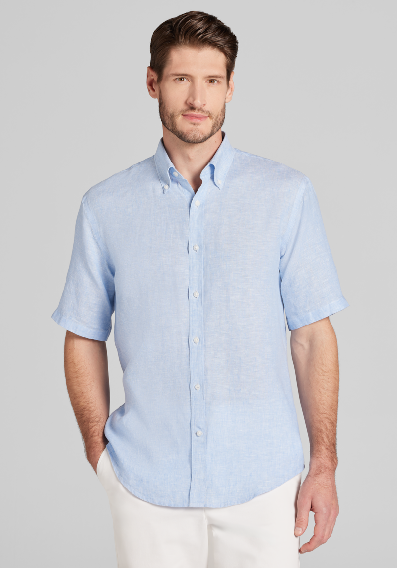 Men's Big & Tall Reserve Collection Tailored Fit Linen Short Sleeve Button Up Shirt at Jos. A. Bank, Light Blue, Size 2 X Big