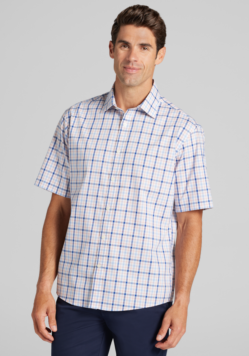 Men's Jos. A. Bank Traditional Fit Short Sleeve Plaid Button Up Shirt at Jos. A. Bank, Orange, Size Medium