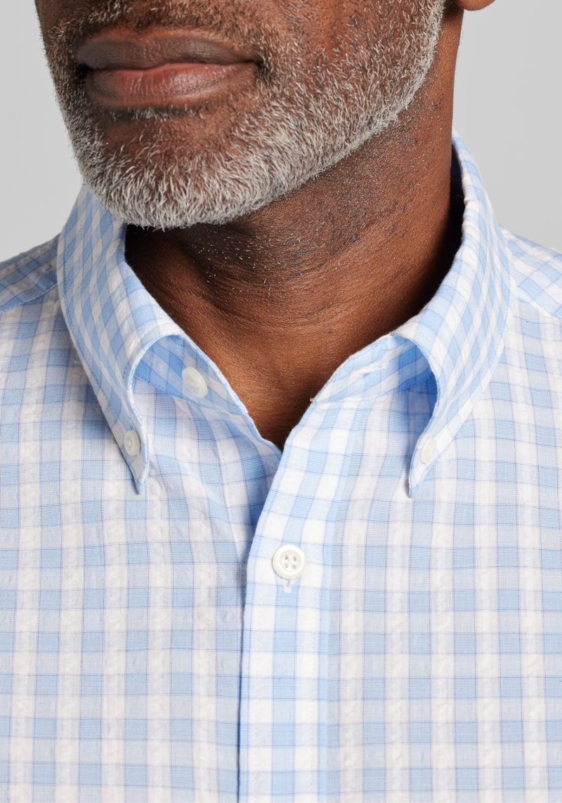 Men's Jos. A. Bank Tailored Fit Buffalo Check Seersucker Short Sleeve Button Up Shirt at Jos. A. Bank, Light Blue, Size Small