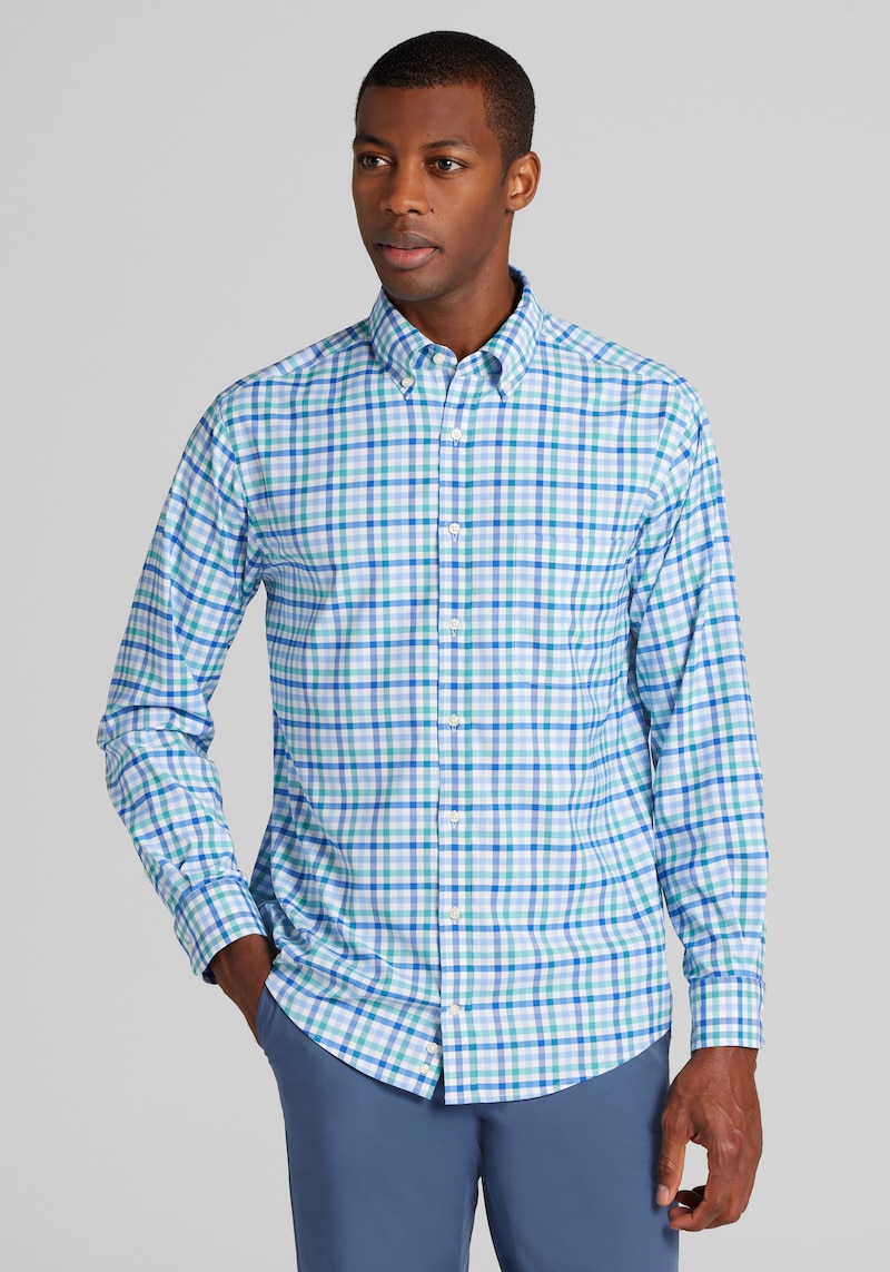 Men's Traveler® Performance Tailored Fit Plaid Casual Shirt at Jos. A. Bank, Blue