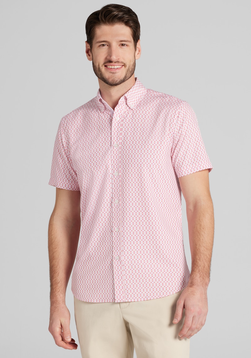 Men's Con. Struct Slim Fit Mini Zigzag 4-Way Stretch Short Sleeve Button Up Shirt at Jos. A. Bank, Pink, Size X Large