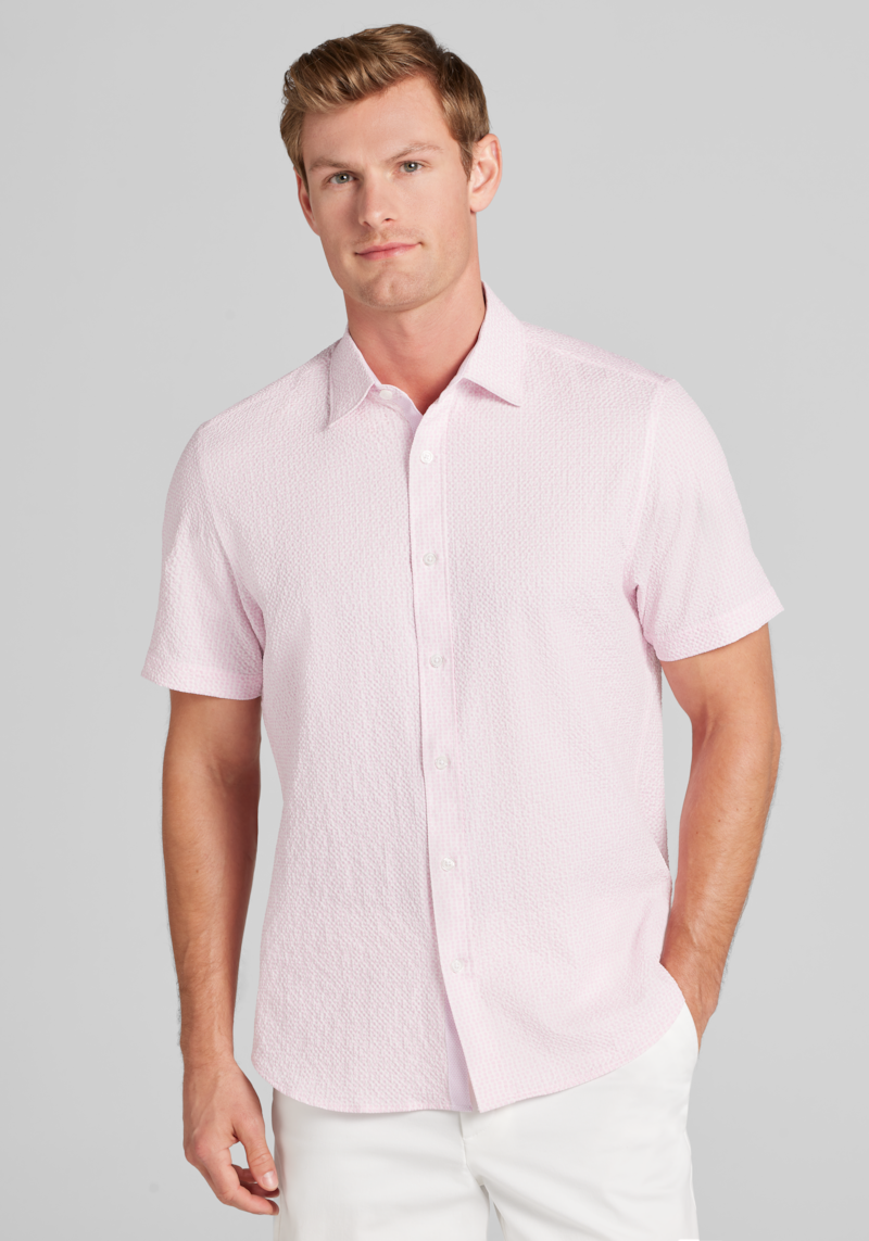Men's Con. Struct Slim Fit Solid Seersucker Short Sleeve Button Up Shirt at Jos. A. Bank, Light Pink, Size Small