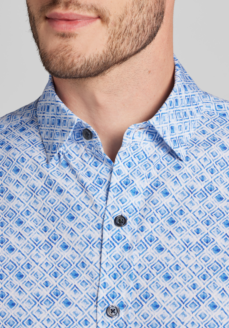 Men's Traveler COOLMOTION Tailored Fit Ombre Diamond Short Sleeve Button Up Shirt at Jos. A. Bank, Blue, Size Large