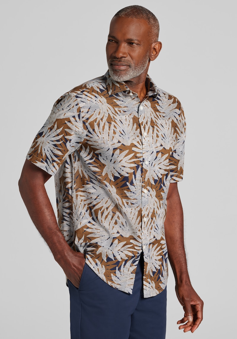 Men's Big & Tall Jos. A. Bank Tailored Fit Large Fern Palm Short Sleeve Button Up Shirt at Jos. A. Bank, Brown, Size 3 X Tall