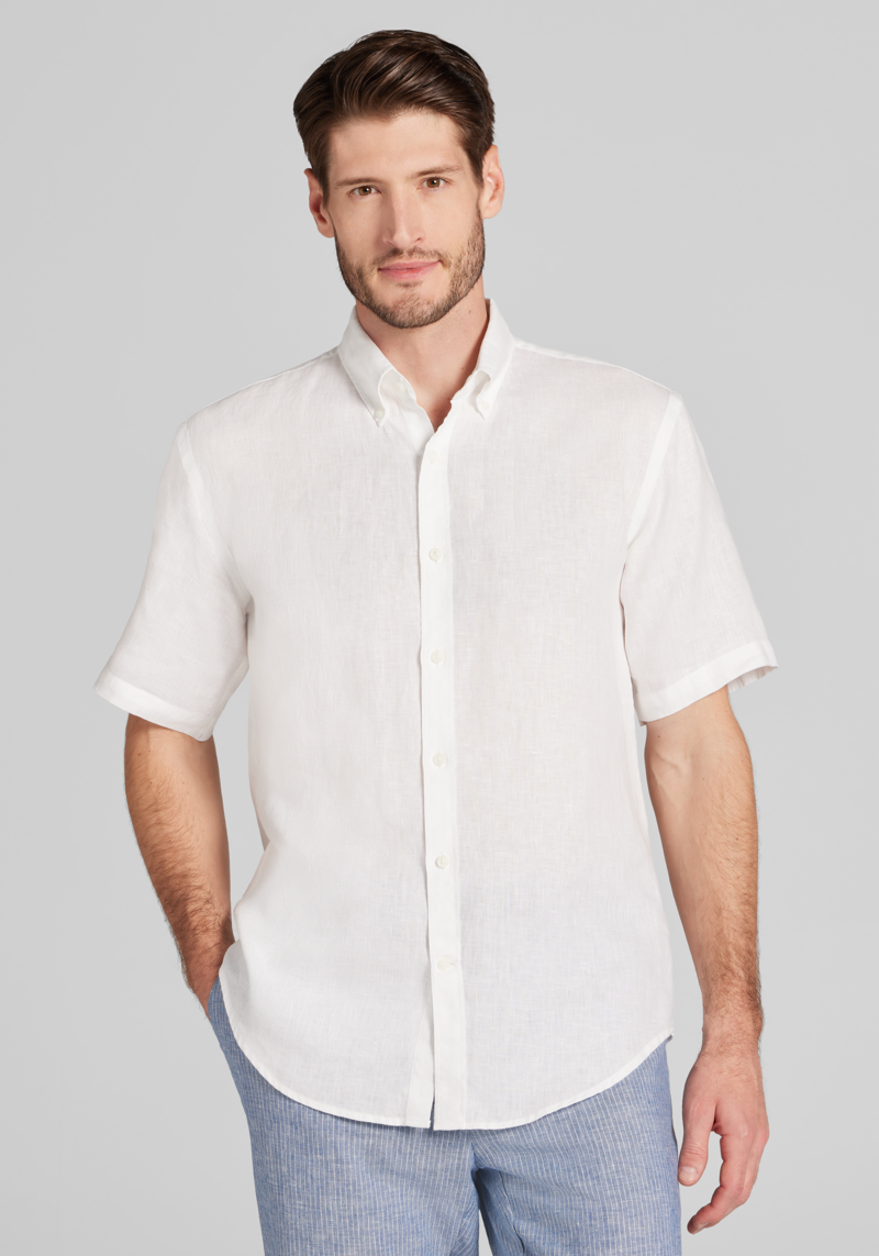 Men's Big & Tall Reserve Collection Tailored Fit Linen Short Sleeve Button Up Shirt at Jos. A. Bank, Cream/White