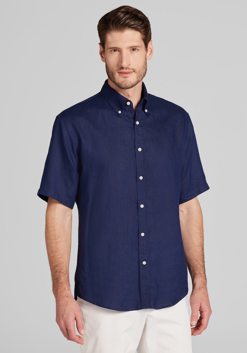 Men's Reserve Collection Tailored Fit Linen Short Sleeve Button Up Shirt at Jos. A. Bank, Blue/Navy, Size Large