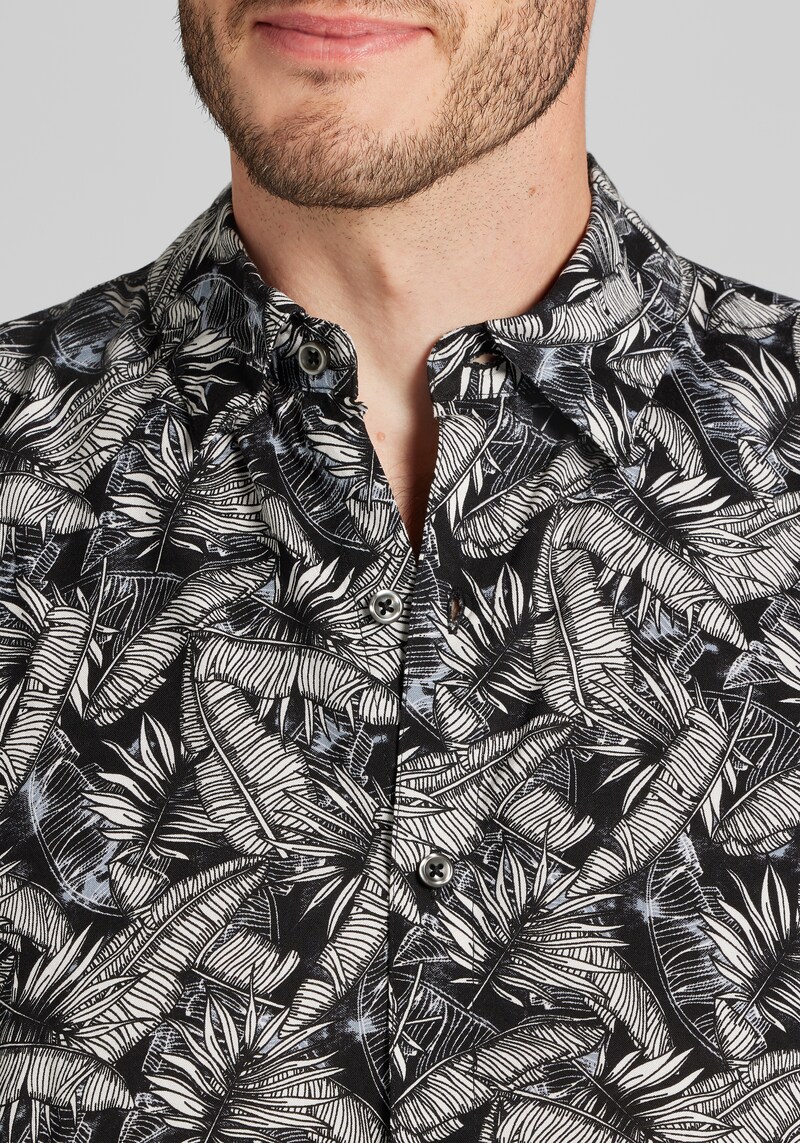 Men's 1905 Collection Tailored Fit All Over Palm Leaf Short Sleeve Button Up Shirt at Jos. A. Bank, Black